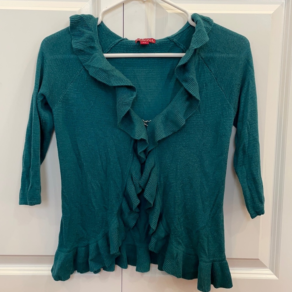 Merona XS teal ruffled cardigan with single clasp